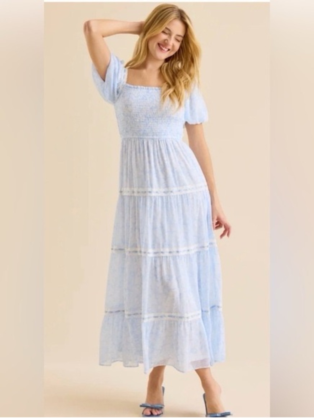 Light Blue Smocked Puff-Sleeve Maxi Dress